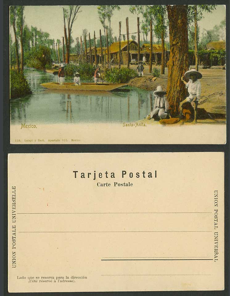 Mexico Old Hand Tinted Postcard Pueblo de Santa Anita Canal de la Viga Boat Boys