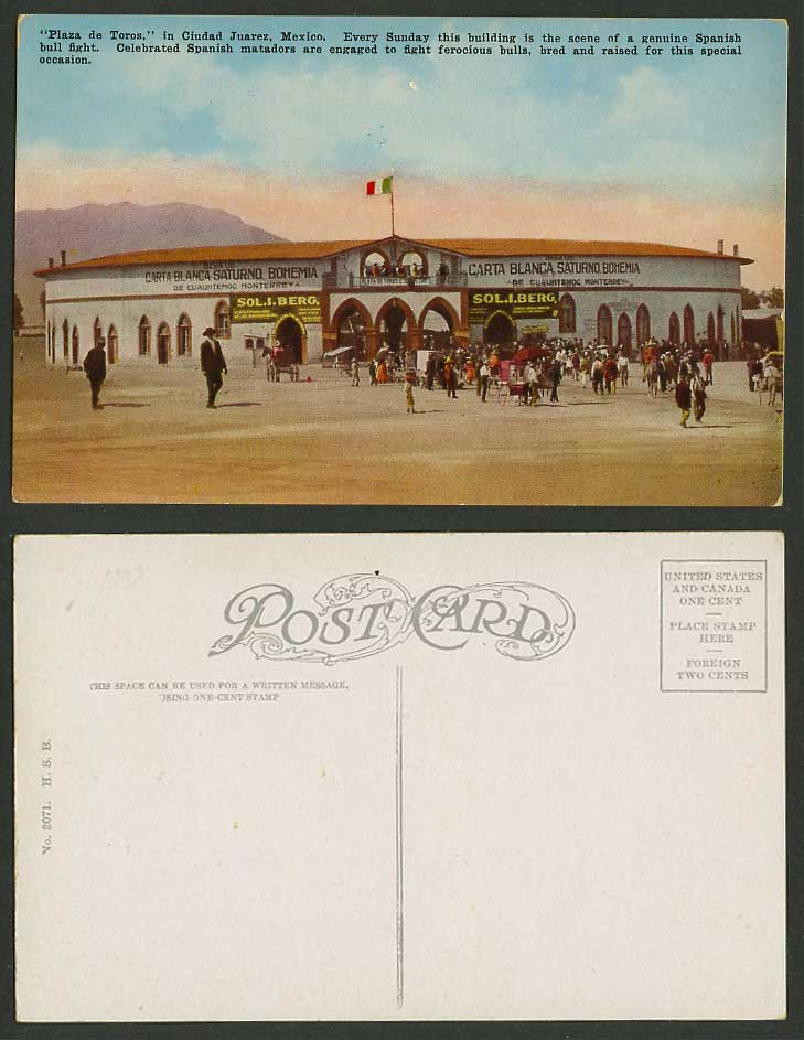 Mexico Old Postcard Plaza de Toros Ciudad Juarez Bullring Spanish Bullfight Flag