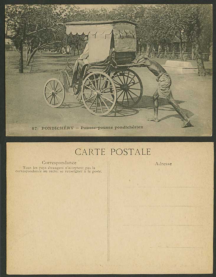 India Old Postcard Pondichery Pousse-Pousse Pondicherien Coolie Pushing Rickshaw