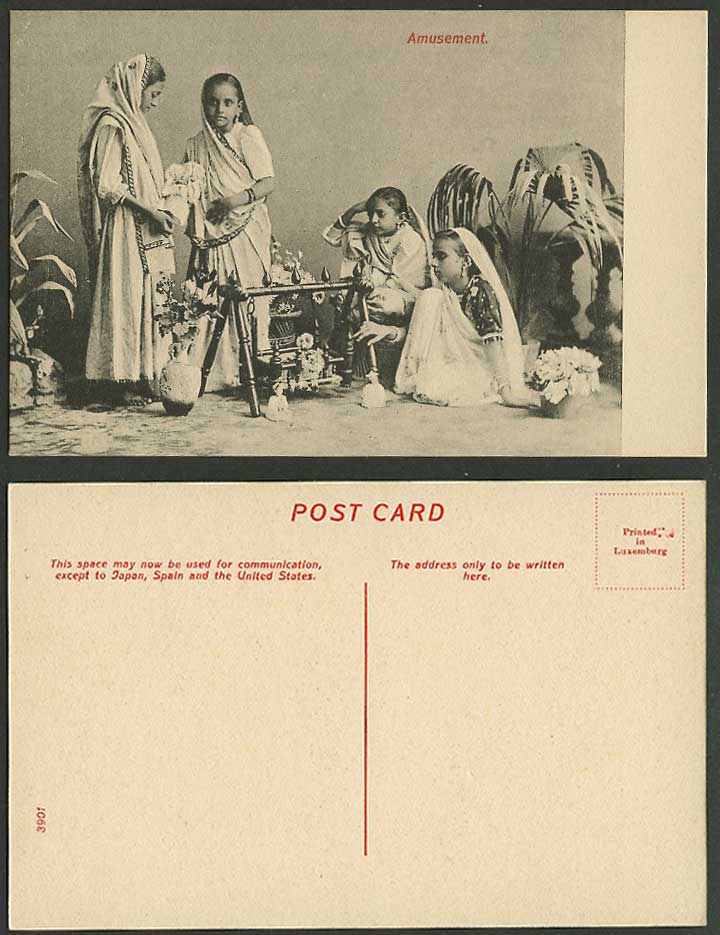 India Old Postcard Indian Amusement, Hindu Girls, Native Children, Flowers, Pots