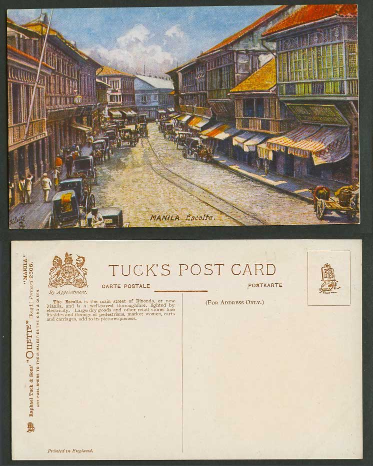 Philippines Old Tuck's Oilette Postcard Manila Escolta Main Street Scene Binondo
