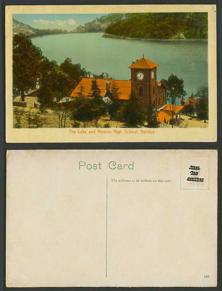 India Old Postcard The Lake & Mission High School Clock Tower NAINITAL Naini Tal
