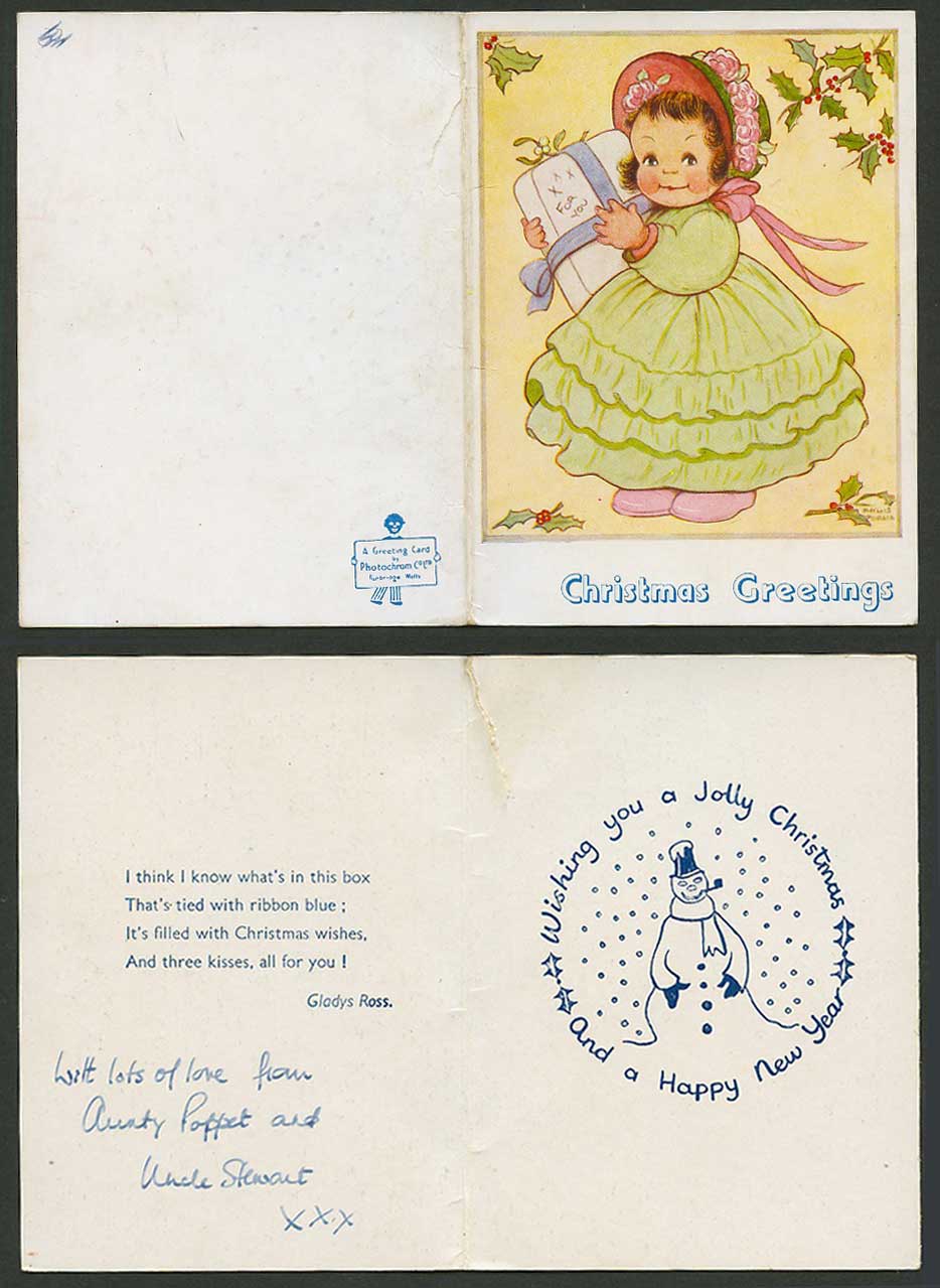 Phyllis Purser Old Greeting Card Christmas Greetings, Black Doll Snowman Smoking
