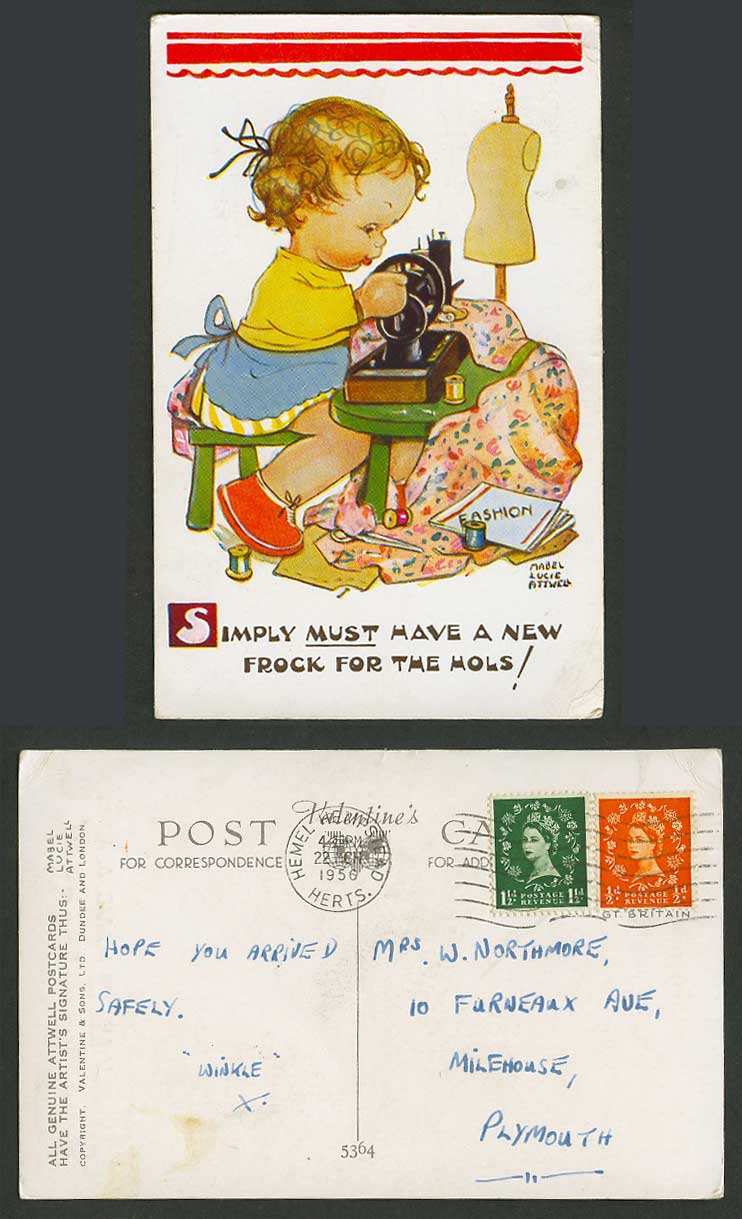 MABEL LUCIE ATTWELL 1956 Old Postcard Sewing Machine New Frock for The Hols 5364