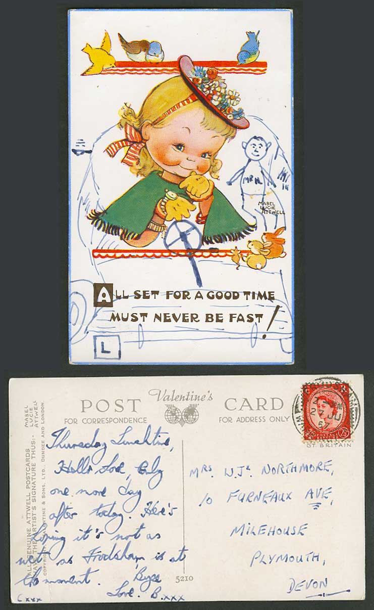 MABEL LUCIE ATTWELL 1957 Old Postcard All Set For a Good Time Never be Fast 5210