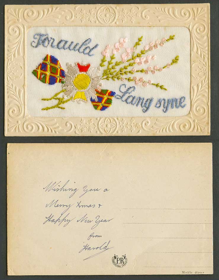 WW1 SILK Embroidered Old Postcard For Auld Lang Syne Flowers for Old Times' Sake