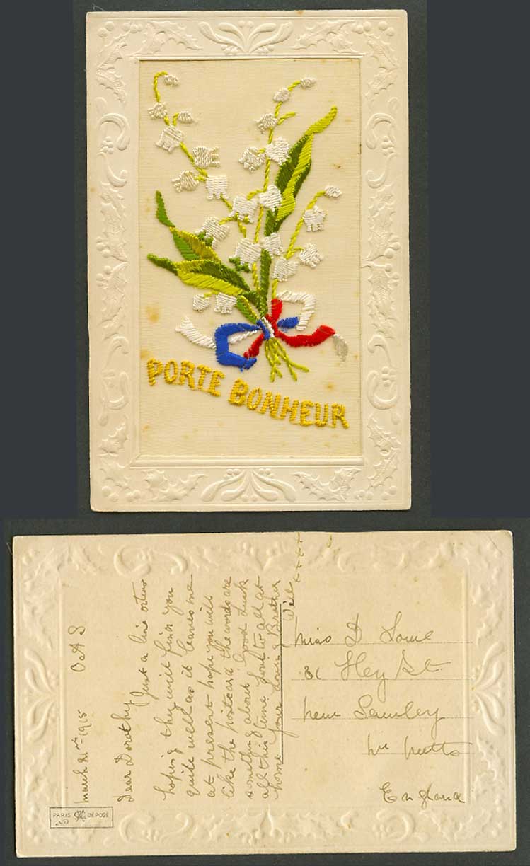 WW1 SILK Embroidered OAS 1915 Old Postcard Porte Bonheur Bell Flower Lucky Charm