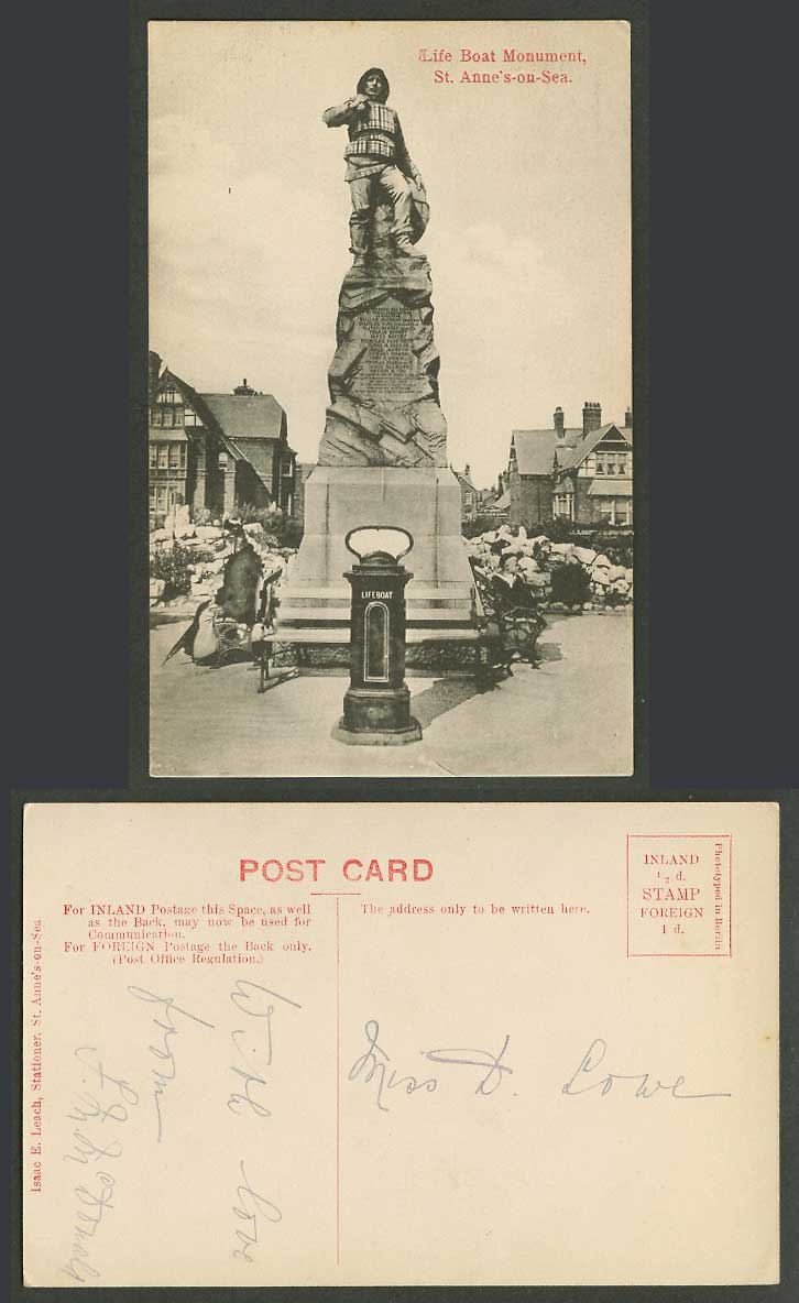 St. Annes-on-Sea Lancs Old Postcard Lifeboat Life Boat Monument Statue Woman Boy