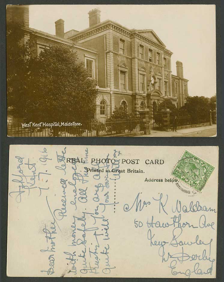 Maidstone KG5 1/2d 1916 Old Real Photo Postcard West Kent Hospital Entrance Gate
