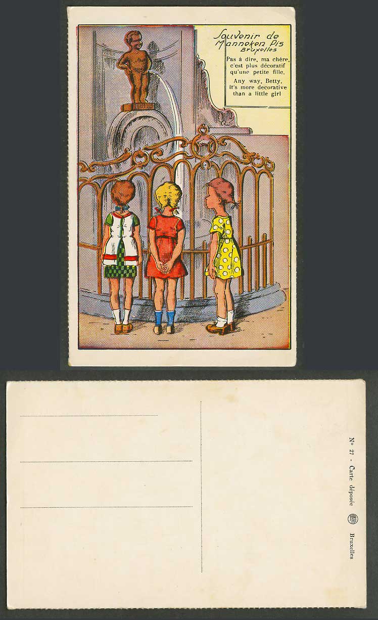 Manneken-Pis Fountain 3 Little Girls Belgium Bruxelles Comic Humour Old Postcard