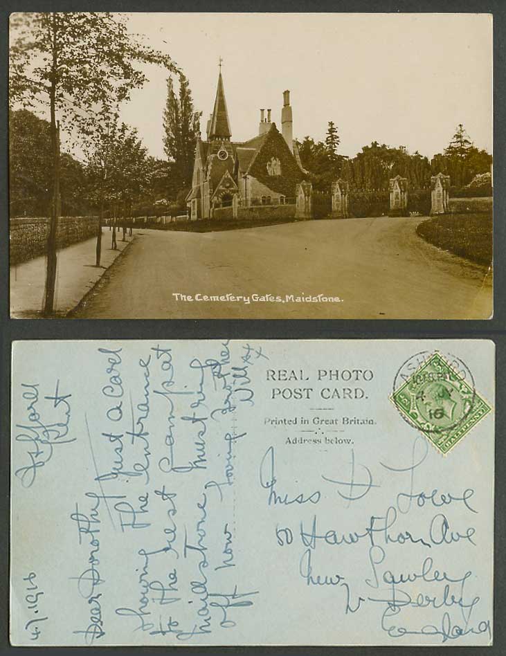 Maidstone Kent 1916 Old Real Photo Postcard The Cemetery Gates Street Scene Gate