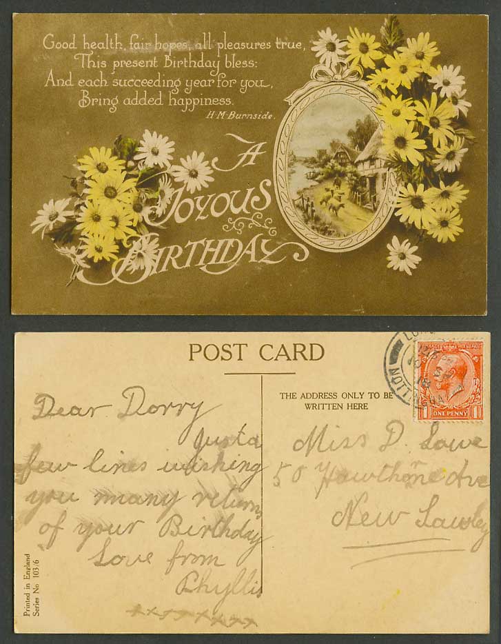 A Joyous Birthday Greetings Cottage Hse Sheep Shepherd Flowers 1918 Old Postcard