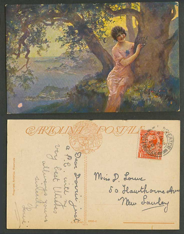 Glamour Woman Lady Girl Writing on Tree Tutta La Vita Panorama 1920 Old Postcard