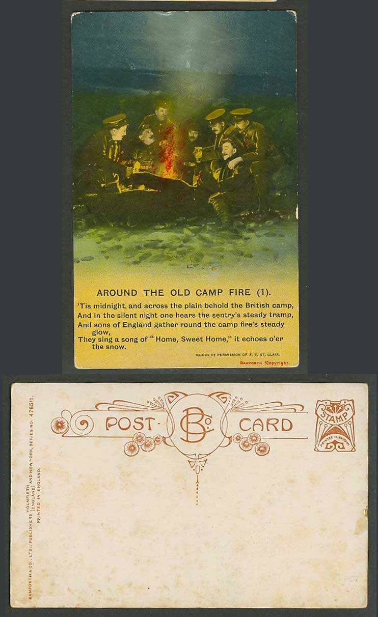 Bamforth Song Card Around The Old Camp Fire 1. Soldiers by Campfire Old Postcard