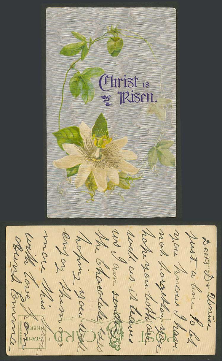 Christ is Risen Flower Flowers, Religious, Art Artist Drawn Old Colour Postcard