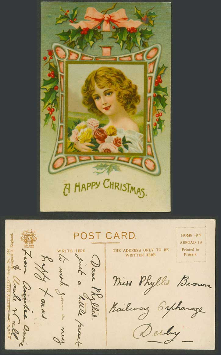 A Happy Christmas Holly Girl Lady Maid Roses Flowers, Pretty Maids Old Postcard