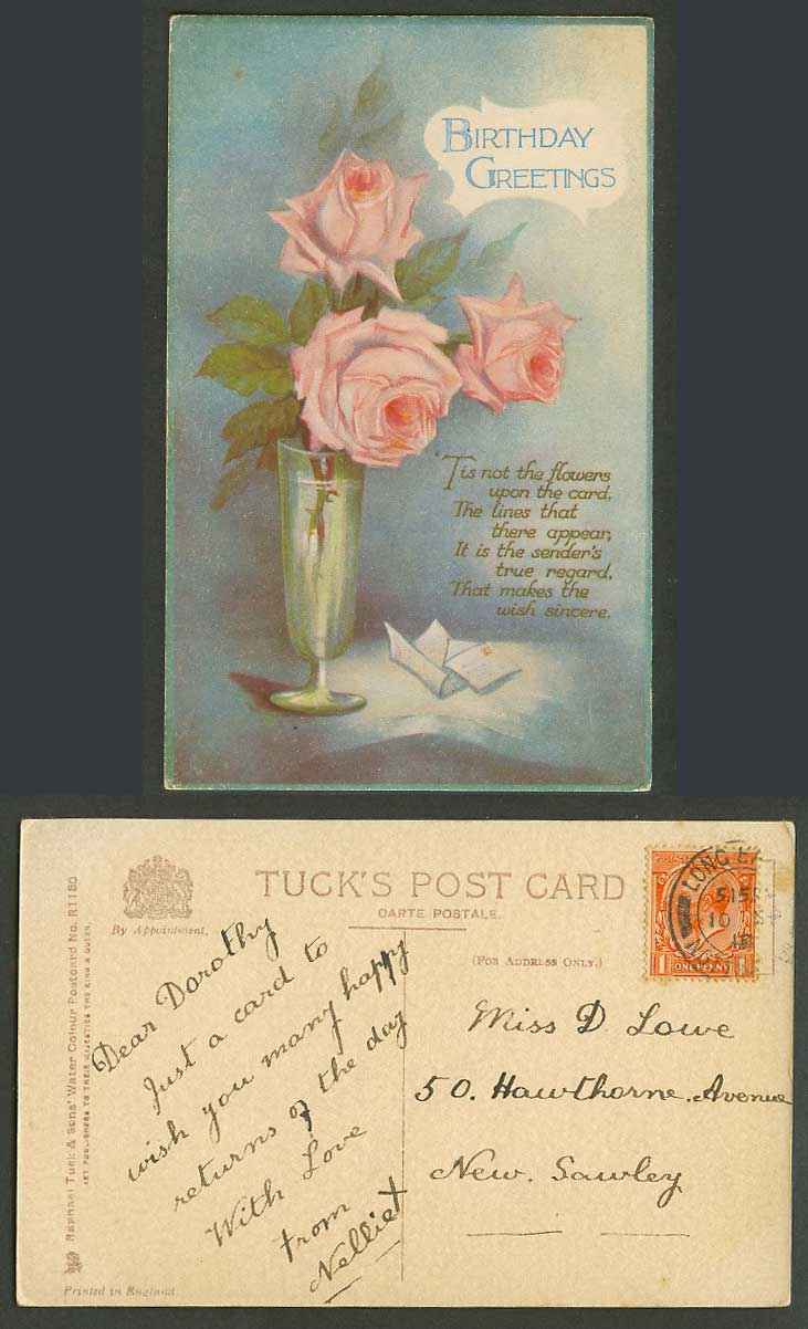 Birthday Greetings, Rose Flowers in Glass 1918 Old Postcard Tuck's Water Colour