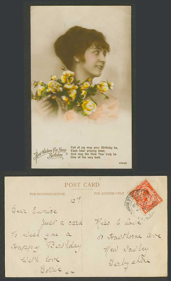 Best Wishes For Your Birthday Greetings Glamour Lady & Flowers 1920 Old Postcard