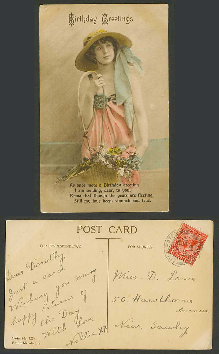 Birthday Greetings Glamour Girl Lady Flower Basket 1919 Old Hand Tinted Postcard
