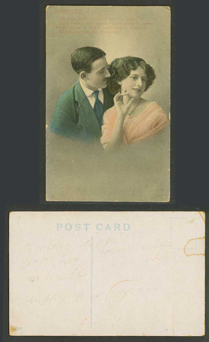 Romance a Man and a Glamour Woman Lady Forever True Love shall live Old Postcard