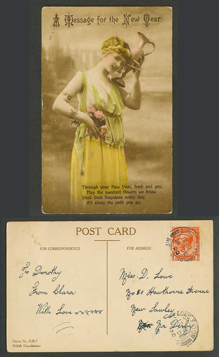 Glamour Lady Woman Lady Pitcher & Flowers Message for New Year 1920 Old Postcard