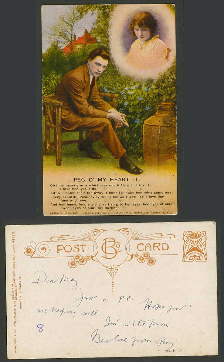 Peg O' My Heart (1) Song Card Romance Man Thinking of Lady Bamforth Old Postcard