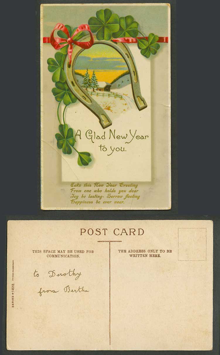 A Glad New Year to You Horseshoe 4-leaf Clover Snowy View Greetings Old Postcard