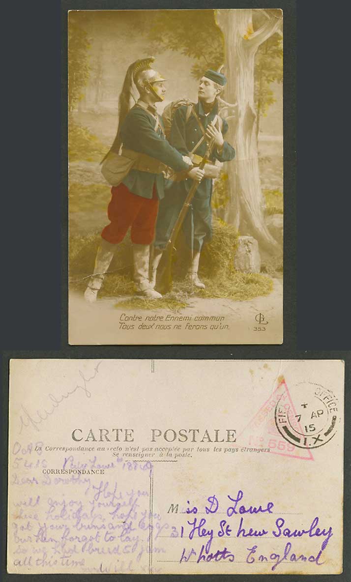 WW1 Soldiers Military Uniform 1915 Old Postcard Pass by Censor Field Post Office