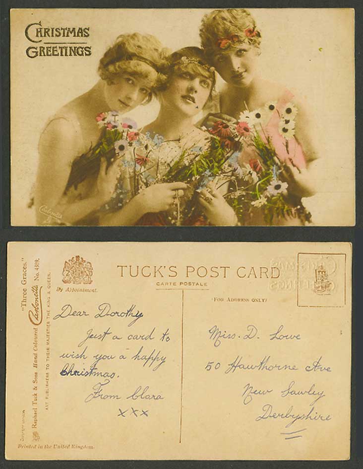 Christmas Greetings Tuck's Three Graces, Glamour Women Ladies Girls Old Postcard