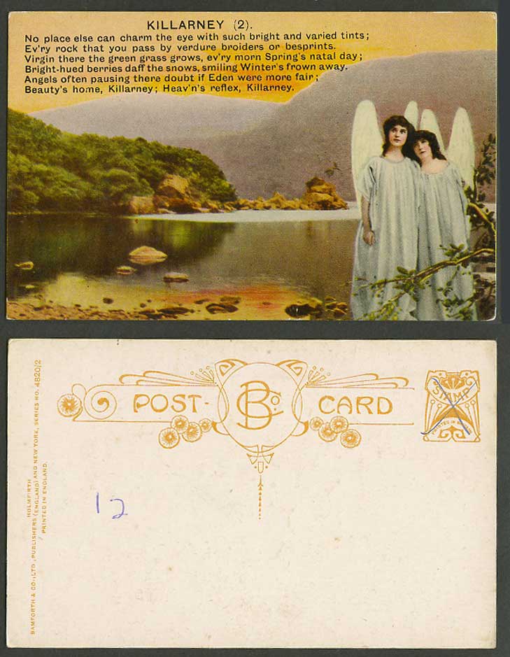 Ireland, Kerry, Killarney (2) Song Card, Angels Women Lake Bamforth Old Postcard