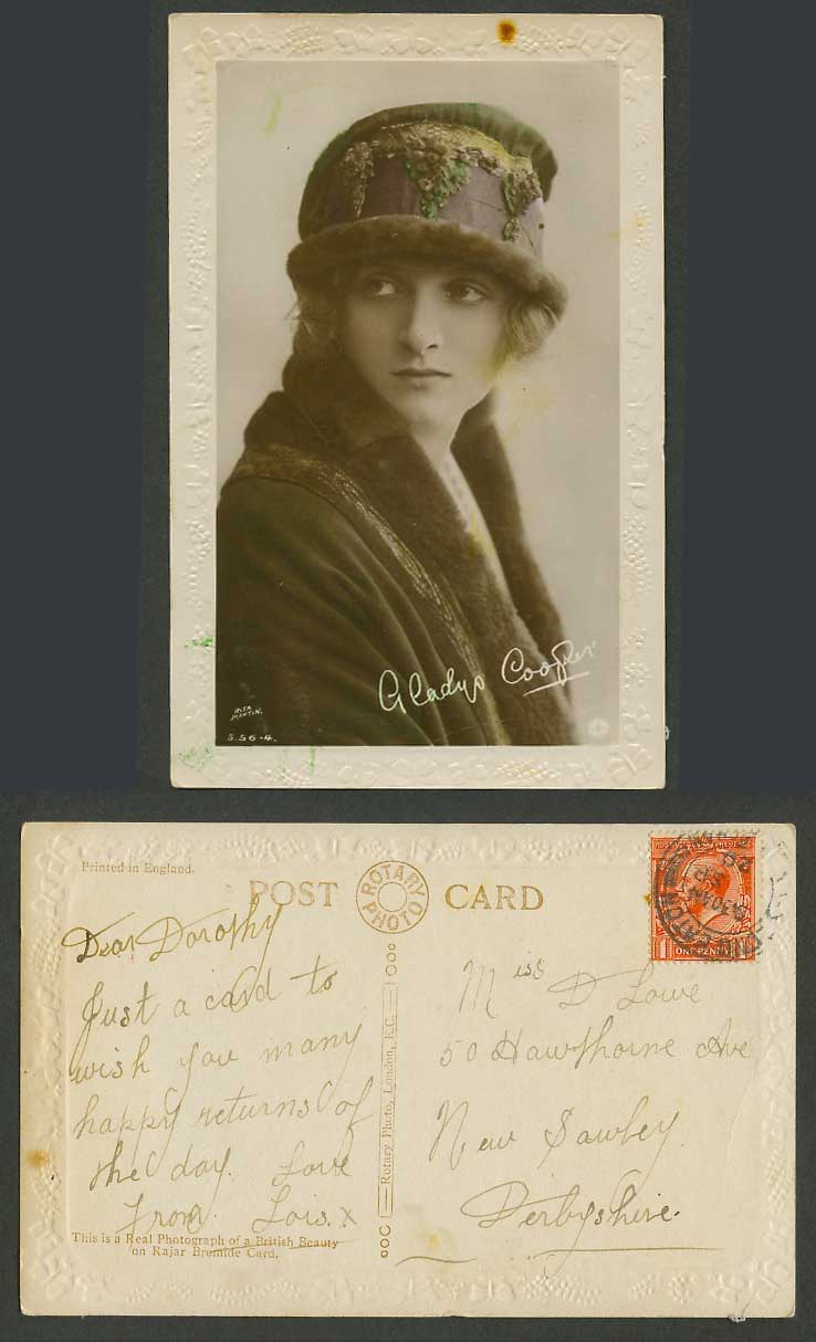 Actress Miss Gladys Cooper wear Hat 1920 Old Real Photo Colour Embossed Postcard