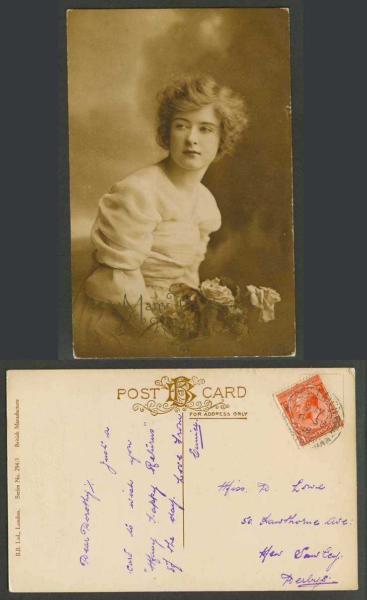 Glamour Lady Woman Girl, Flowers, Many Happy Returns Greetings 1919 Old Postcard