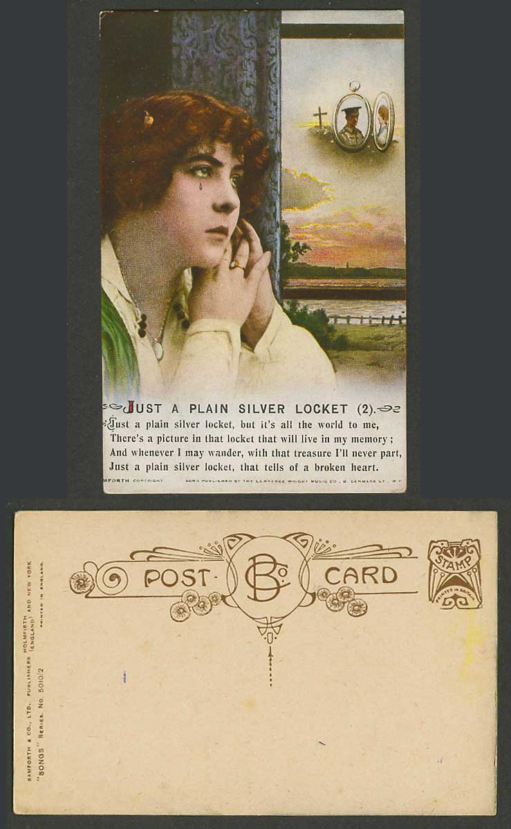 Just a Plain Silver Locket (2) Song Card, Woman Lady, Soldier Cross Old Postcard