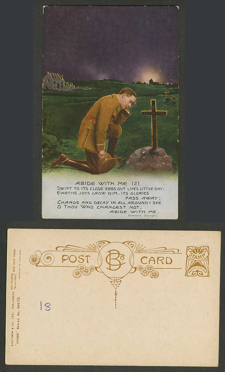 Abide with Me (2) Song Card Soldier Cross Grave Ruins Bamforth Hymn Old Postcard
