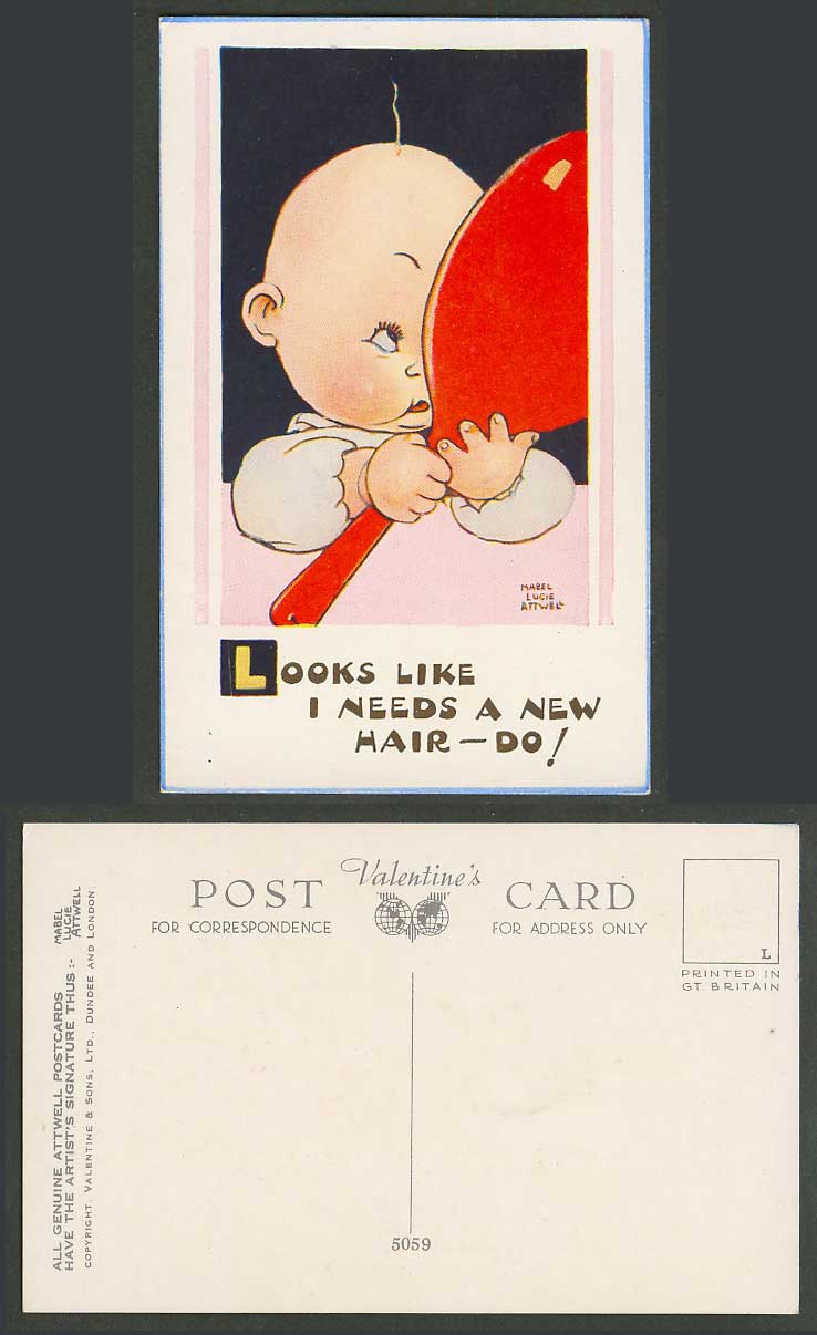MABEL LUCIE ATTWELL Old Postcard Looks Like I Need New Hair-Do! Baby 1 Hair 5059
