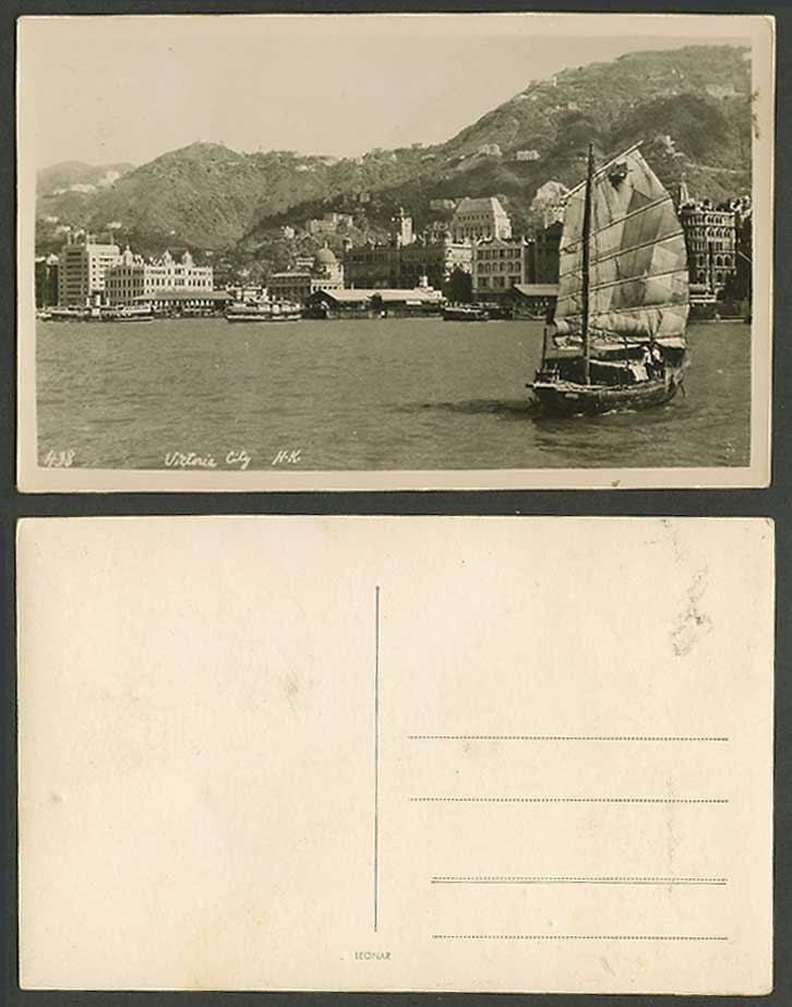 Hong Kong China Old Real Photo Postcard Victoria City Chinese Junk Wharf Ferries