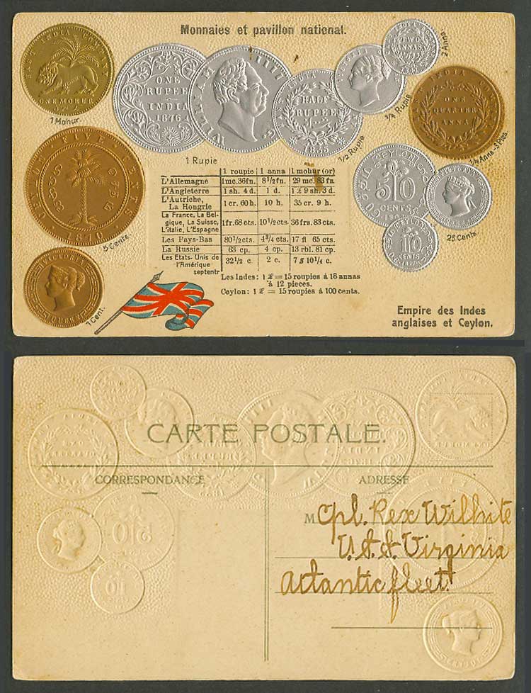 Empire of British India & Ceylon, Vintage Coins Flag Lion Old Postcard Coin Card
