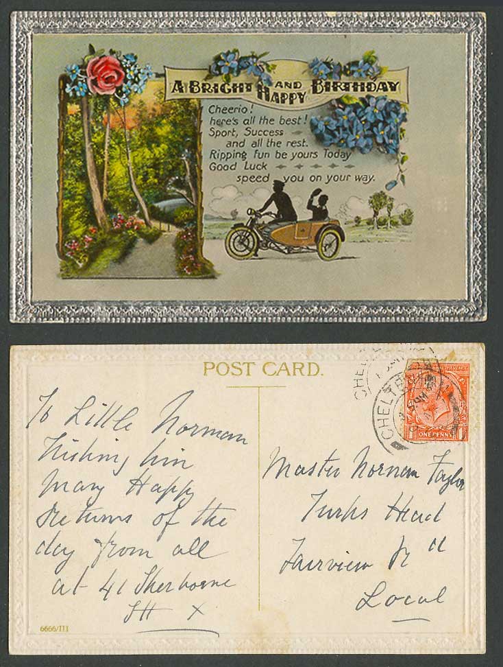 Motorcycle with Sidecar 1925 Old Postcard A Bright and Happy Birthday, Greetings