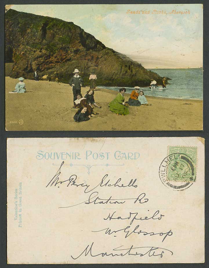 Abersoch Sands and Rocks 1908 Old Colour Postcard Beach Women Children Boy Girls