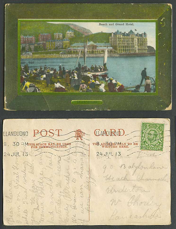 Llandudno Beach and Grand Hotel Sailing Boat Yacht Hill 1913 Old Colour Postcard