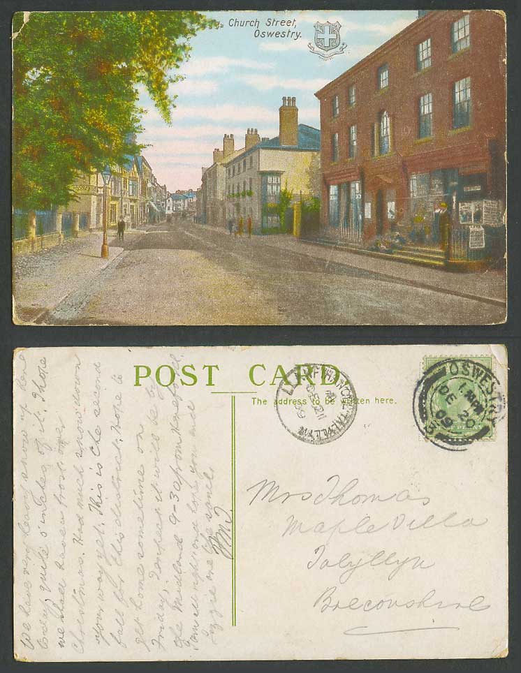 Oswestry Church Street Scene Coat of Arms Shopfront Shropshire 1909 Old Postcard