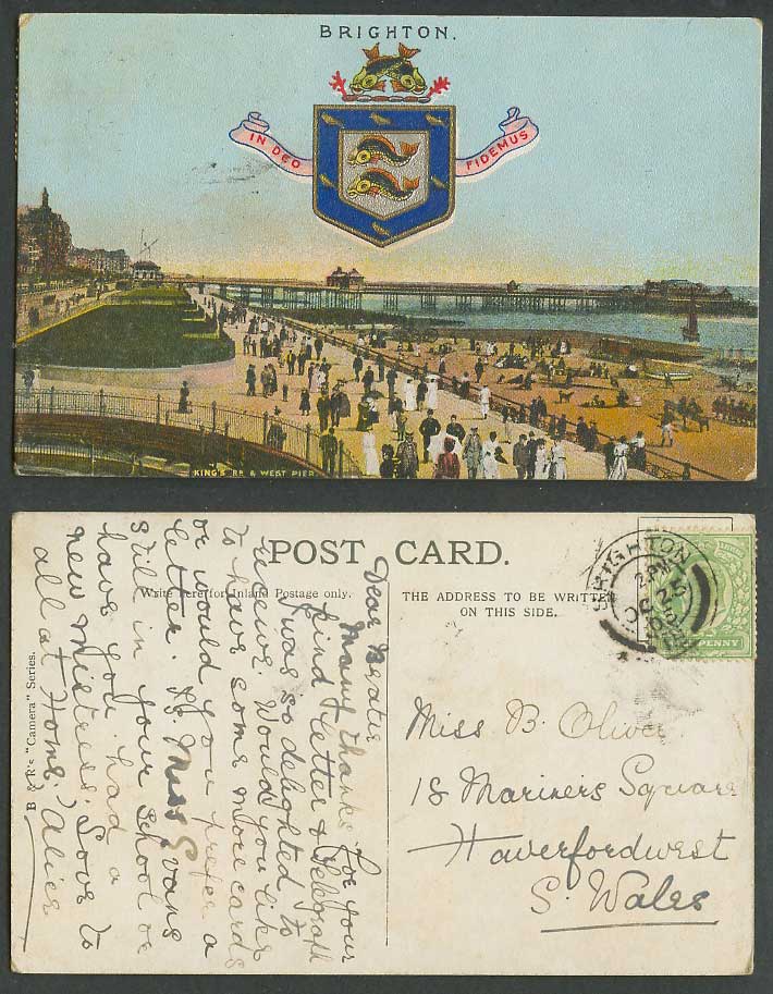 Brighton Fish Coat of Arms 1905 Old Postcard Pier Jetty Beach Promenade Panorama
