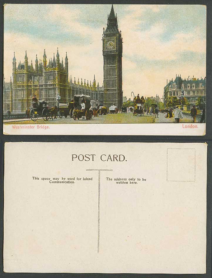 London Westminster Bridge, Houses of Parliament Big Ben Horse Carts Old Postcard