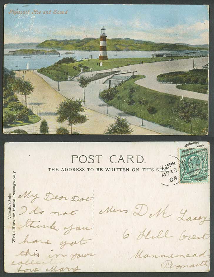 Plymouth Hoe and Sound Lighthouse 1904 Old Postcard Seaside Panorama Devon Roads