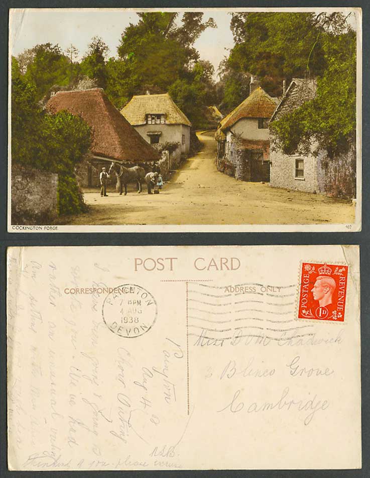 Torquay Cockington Forge Thatched Cottages & Horse 1938 Old Hand Tinted Postcard