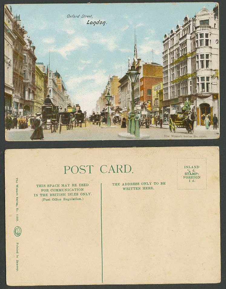 London Old Colour Postcard Oxford Street Scene, Horse Carts, Wrench Series 11361