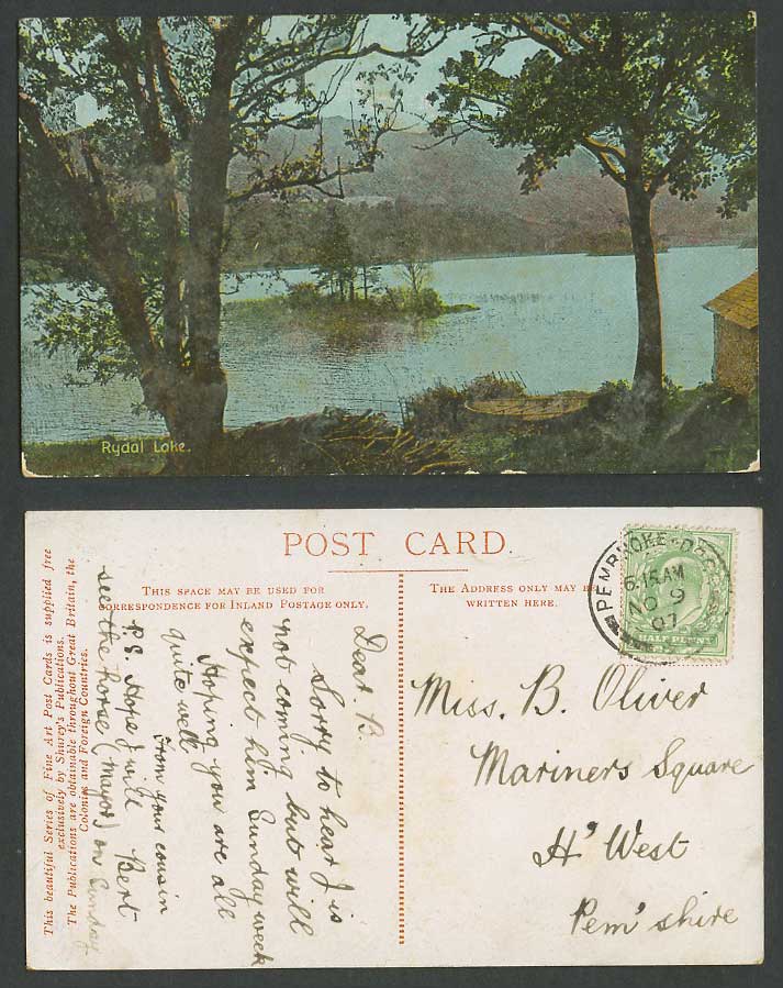 Rydal Lake, Small Island Panorama 1907 Old Colour Postcard Cumbria Lake District