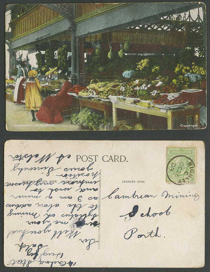 Blackpool The Market 1908 Old Colour Postcard Woman Girl Fruits Banana Pineapple