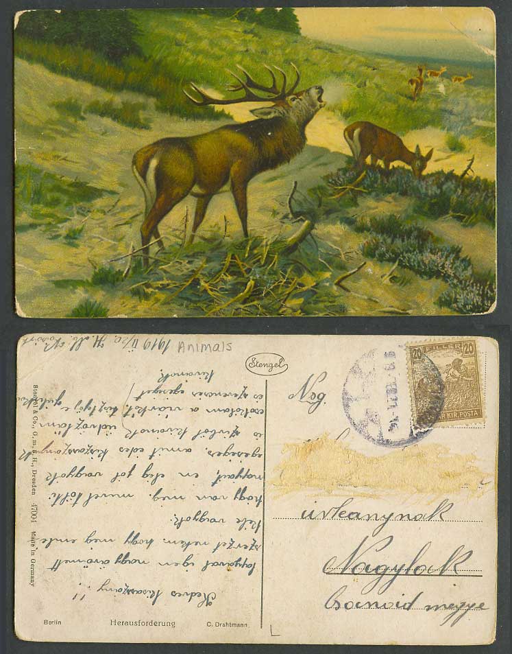 Deer Stag, Berlin Herausforderung C. Drahtmann Hungary 20f 1919 Old ART Postcard