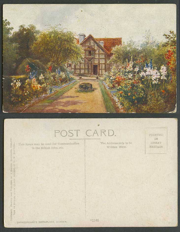 Shakespeare's Birthplace Garden Flowers Cottage W.W. Quatremain Old ART Postcard